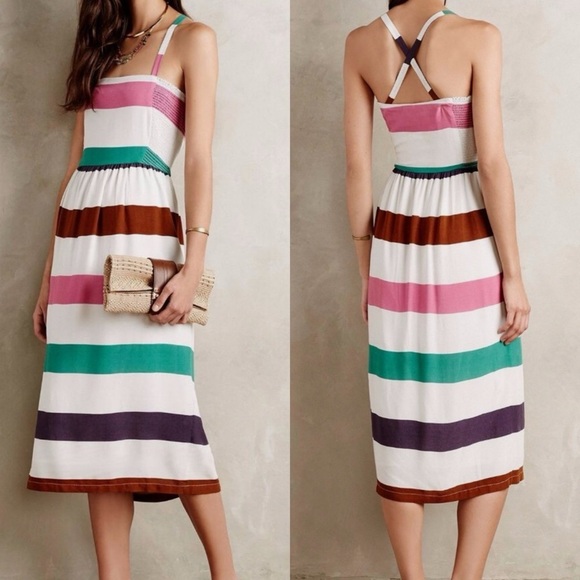 Anthropologie Corey Lynn Carter Sketchbook Striped Criss Cross Midi Dress SZ LG - Picture 1 of 7